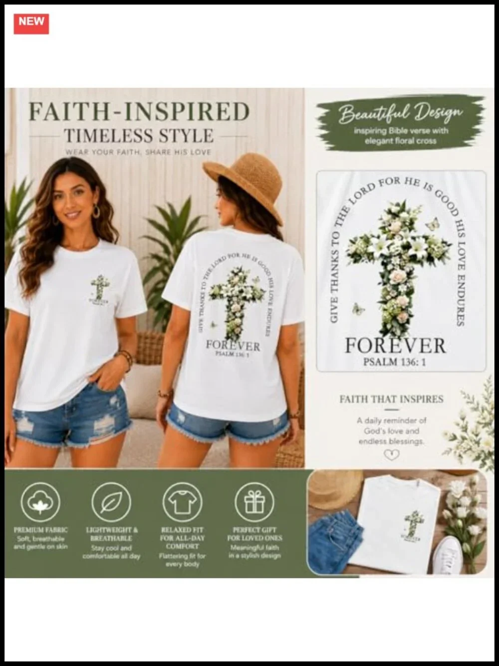 Women's Christian Faith Floral Cross Casual Graphic Tee Cotton